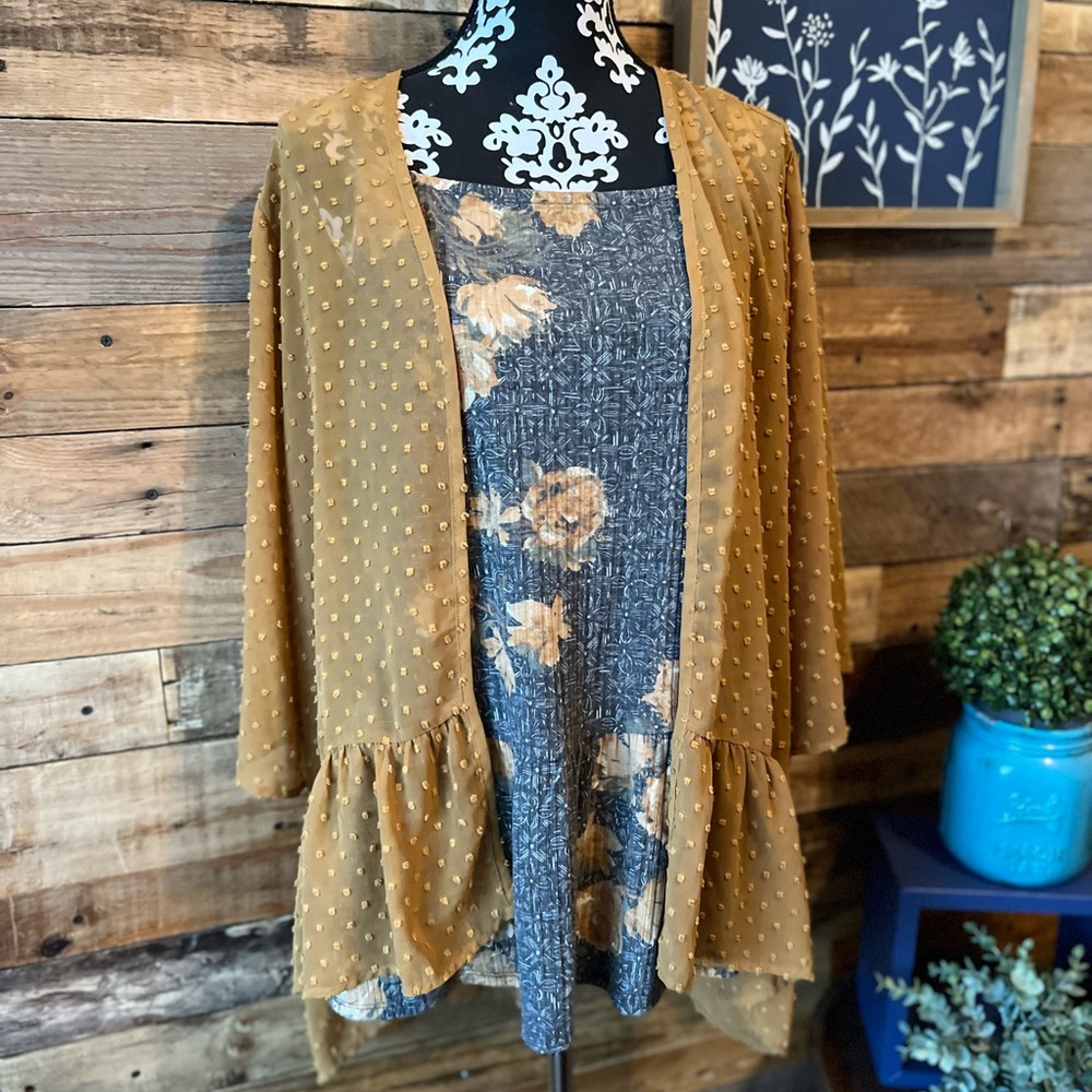 Cute Mustard & Grey Kimono/Tank Set